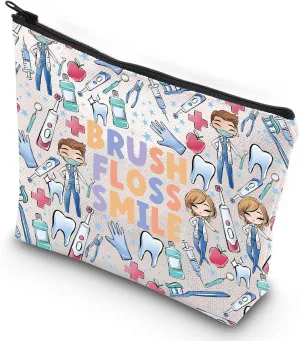 G2TUP Novelty Dentist Gifts for Women Travel Makeup Bag Brush Floss Smile Zipper Organizer Dental Dental Hygienist Gift Idea (Brush Floss New)