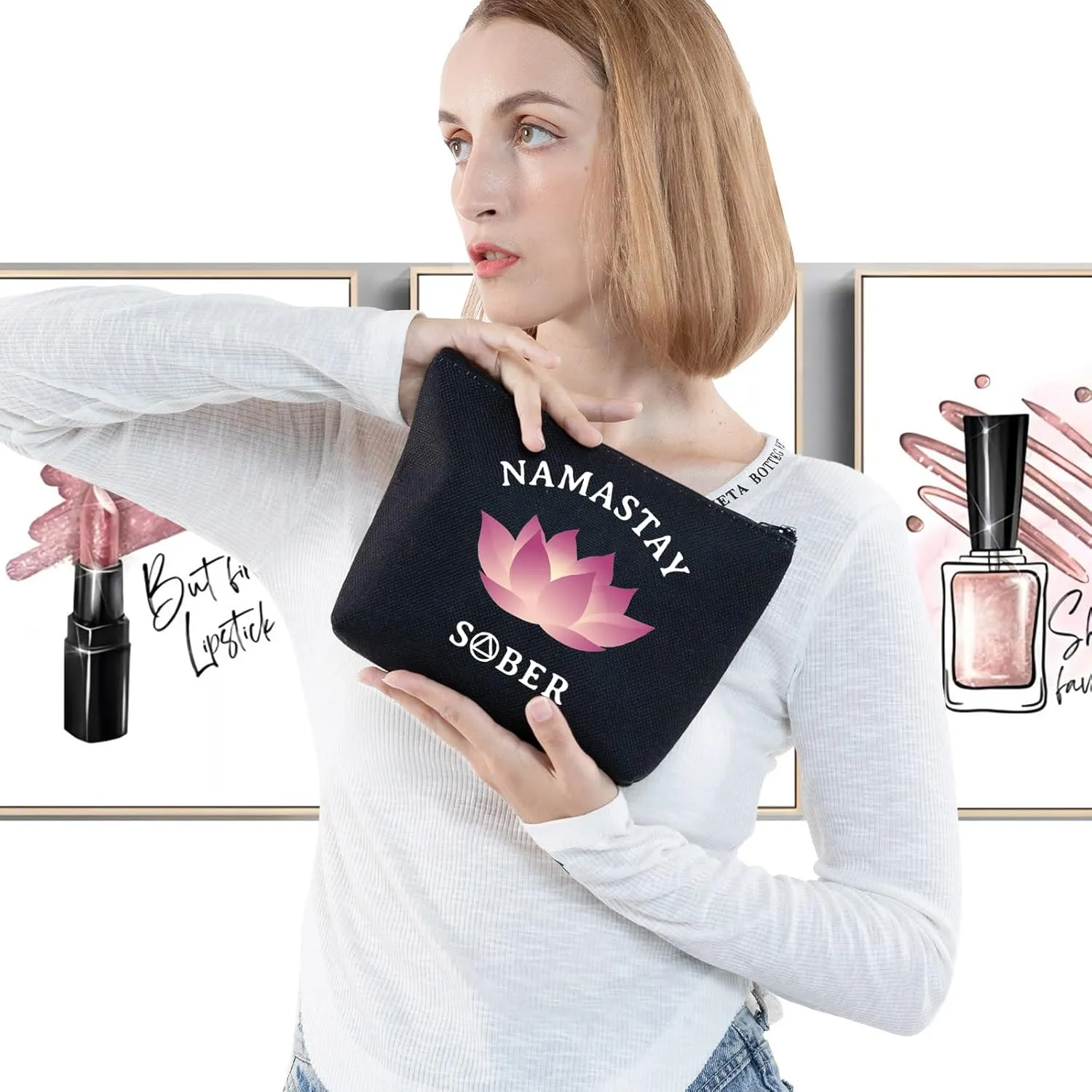 G2TUP Sober Gifts for Women Sober NA AA Sobriety Recovery Makeup Cosmetic Bag 12 Step Recovery Gifts (Sober Black Makeup Bag)
