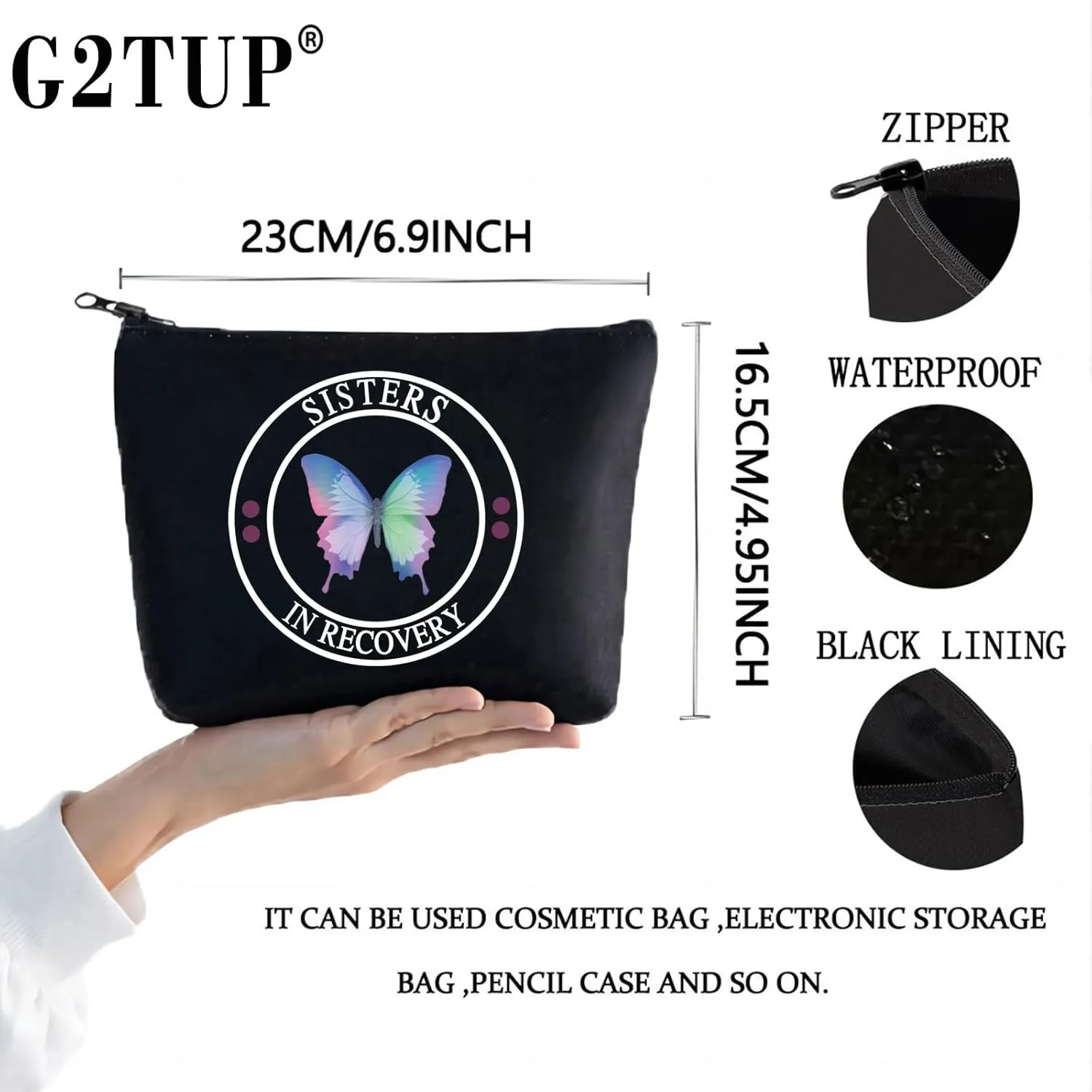 G2TUP Sobriety Gifts for Women Makeup Bag Inspirational Sober Recovery AA NA Gift Sisters in Recovery 12 Step (Sisters in Recovery-Black)