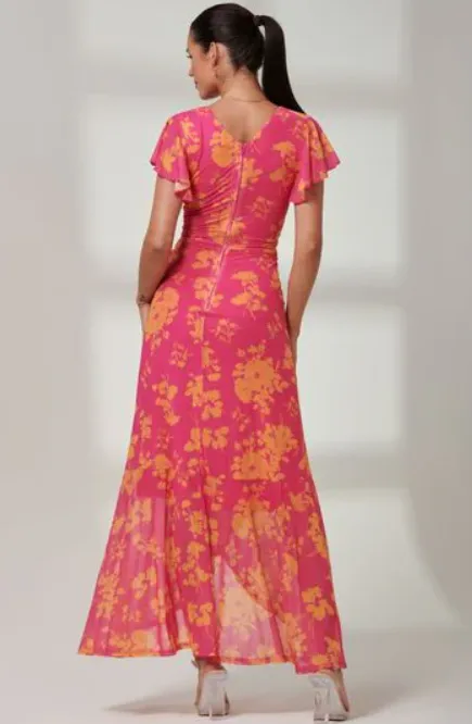 Gisselle Pink Ruffle Hem Mesh Maxi Dress