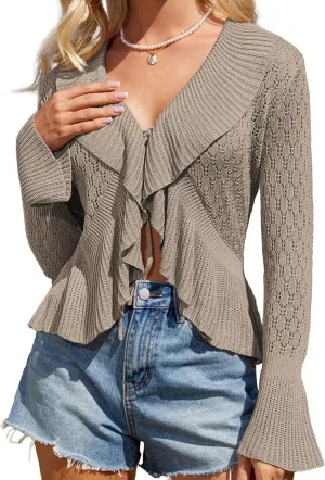GRACE KARIN Women Hollow Out Cardigan Sweater Lapel Tie Front Crochet Knit Shrugs Long Bell Sleeves with Ruffled Hem