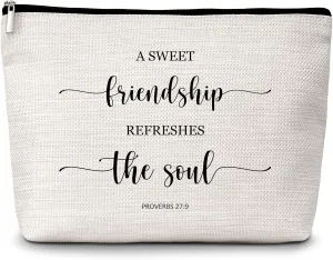 GREOXG Christian Makeup Bag, A Sweet Friendship Refreshes the Soul, Small Travel Cosmetic Bag with Zipper, Christian Gifts for Women Teen Girls Friends Birthday Christmas Wedding Graduation-E41
