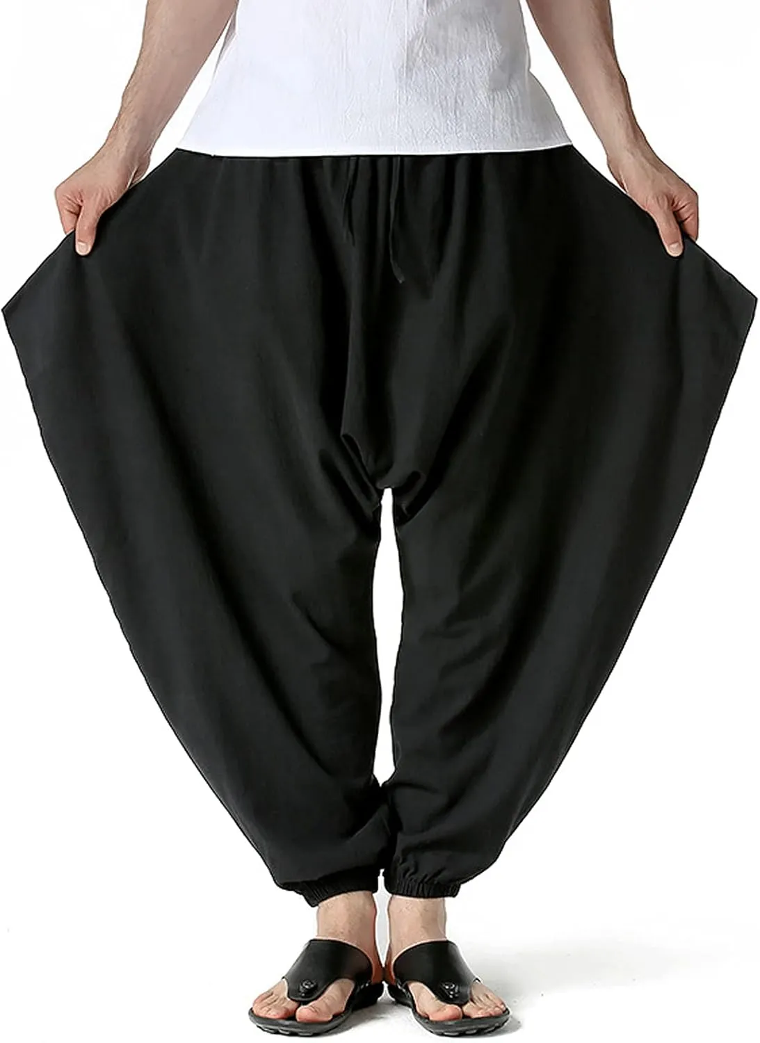 GTHTTT Men's Loose Stretchy Waist Casual Ankle Length Relaxed Fit Pants Wide Leg Trousers Drawstring Harem Yoga Baggy Pants