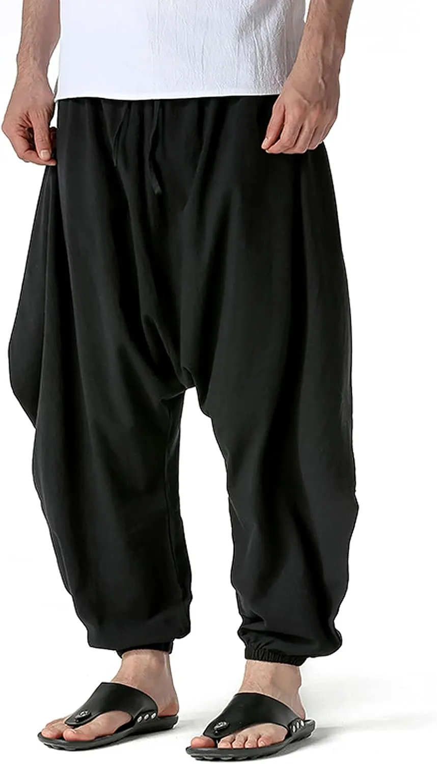 GTHTTT Men's Loose Stretchy Waist Casual Ankle Length Relaxed Fit Pants Wide Leg Trousers Drawstring Harem Yoga Baggy Pants