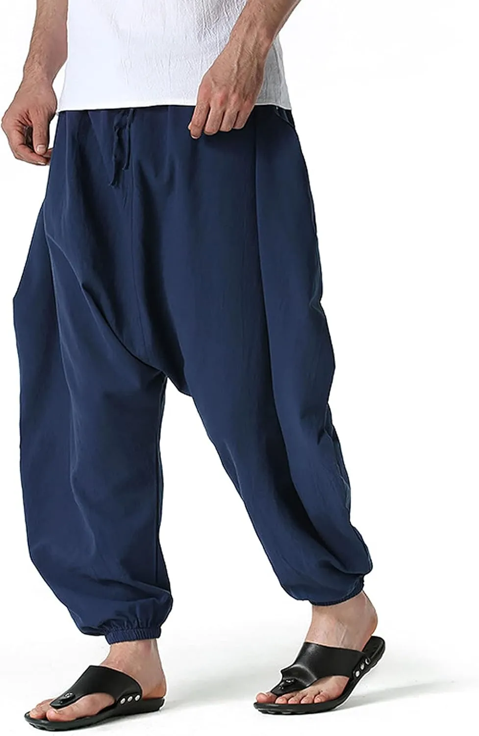 GTHTTT Men's Loose Stretchy Waist Casual Ankle Length Relaxed Fit Pants Wide Leg Trousers Drawstring Harem Yoga Baggy Pants