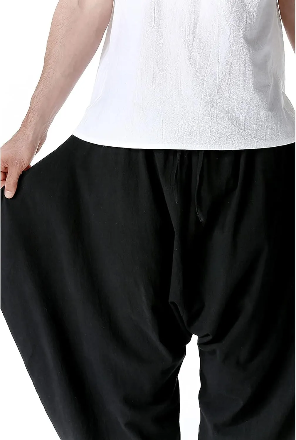 GTHTTT Men's Loose Stretchy Waist Casual Ankle Length Relaxed Fit Pants Wide Leg Trousers Drawstring Harem Yoga Baggy Pants