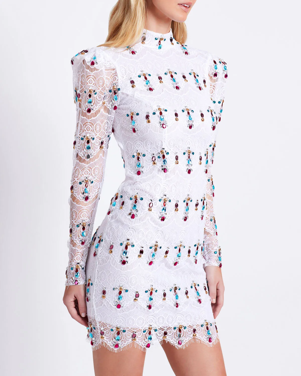 Hand-Beaded Lace Mini Dress