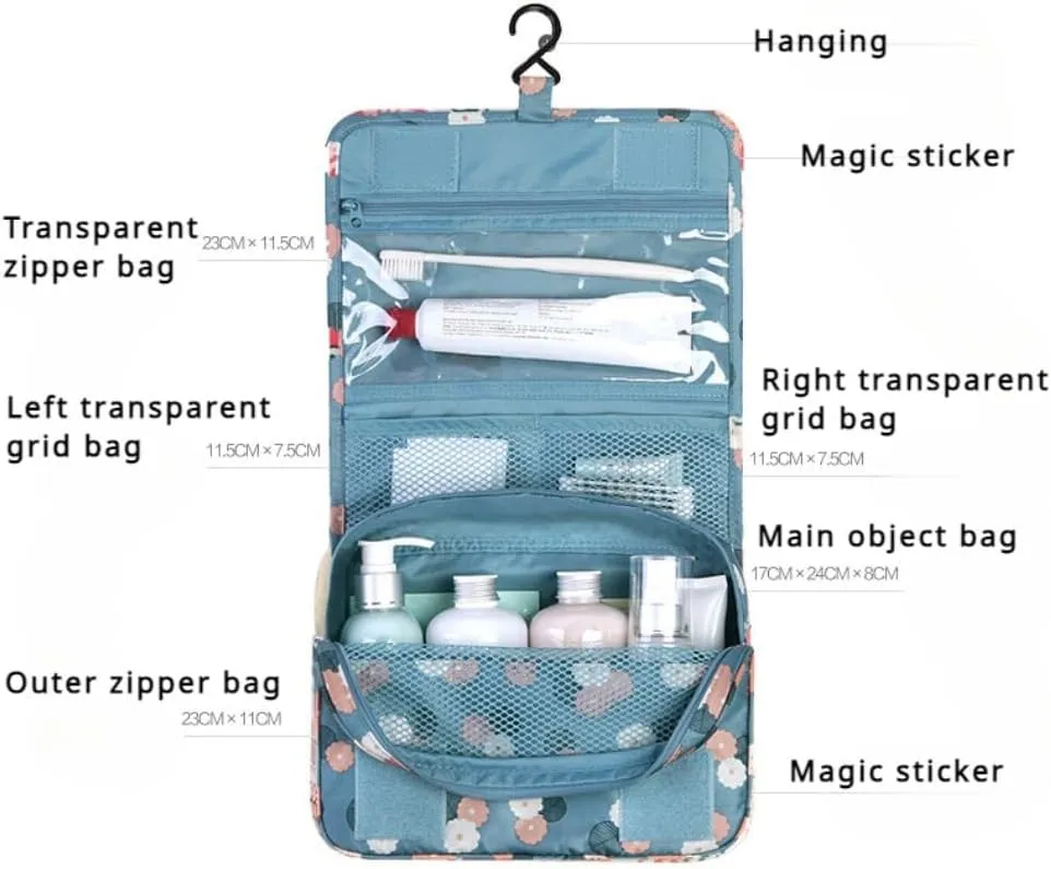 Hanging Toiletry Bag Portable Travel Organizer Carry Cosmetic Makeup Bag, Wash Organizer Storage Pouch Bag (Blue Flower), PP022002