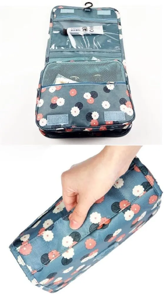 Hanging Toiletry Bag Portable Travel Organizer Carry Cosmetic Makeup Bag, Wash Organizer Storage Pouch Bag (Blue Flower), PP022002