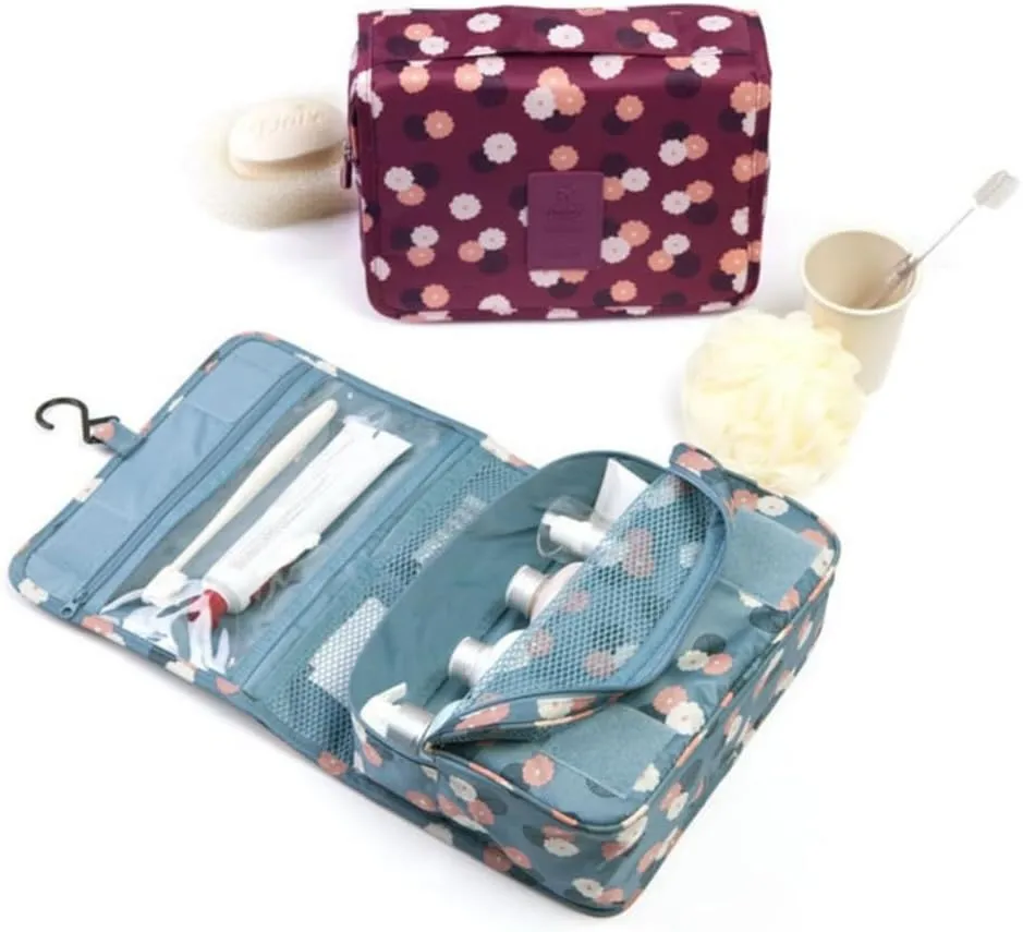 Hanging Toiletry Bag Portable Travel Organizer Carry Cosmetic Makeup Bag, Wash Organizer Storage Pouch Bag (Blue Flower), PP022002
