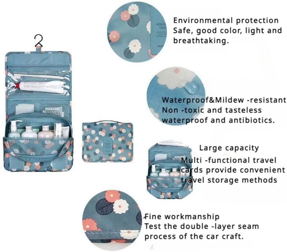 Hanging Toiletry Bag Portable Travel Organizer Carry Cosmetic Makeup Bag, Wash Organizer Storage Pouch Bag (Blue Flower), PP022002