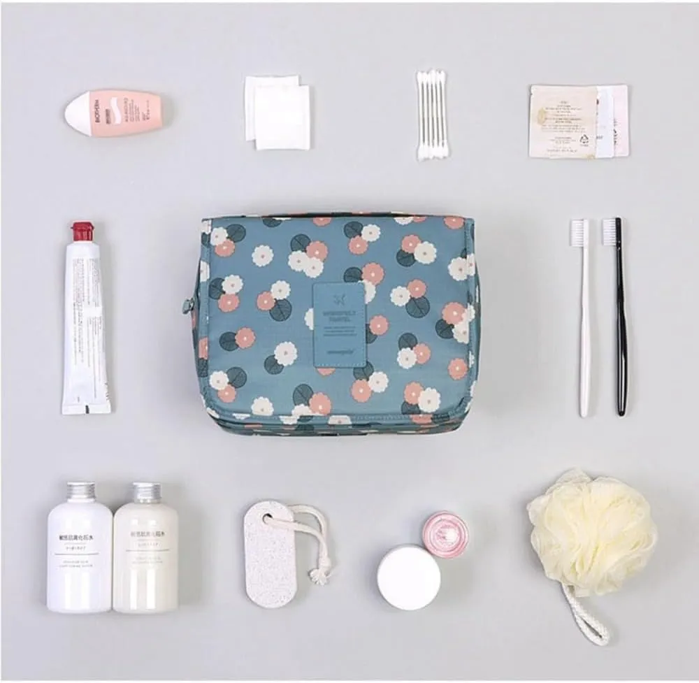 Hanging Toiletry Bag Portable Travel Organizer Carry Cosmetic Makeup Bag, Wash Organizer Storage Pouch Bag (Blue Flower), PP022002