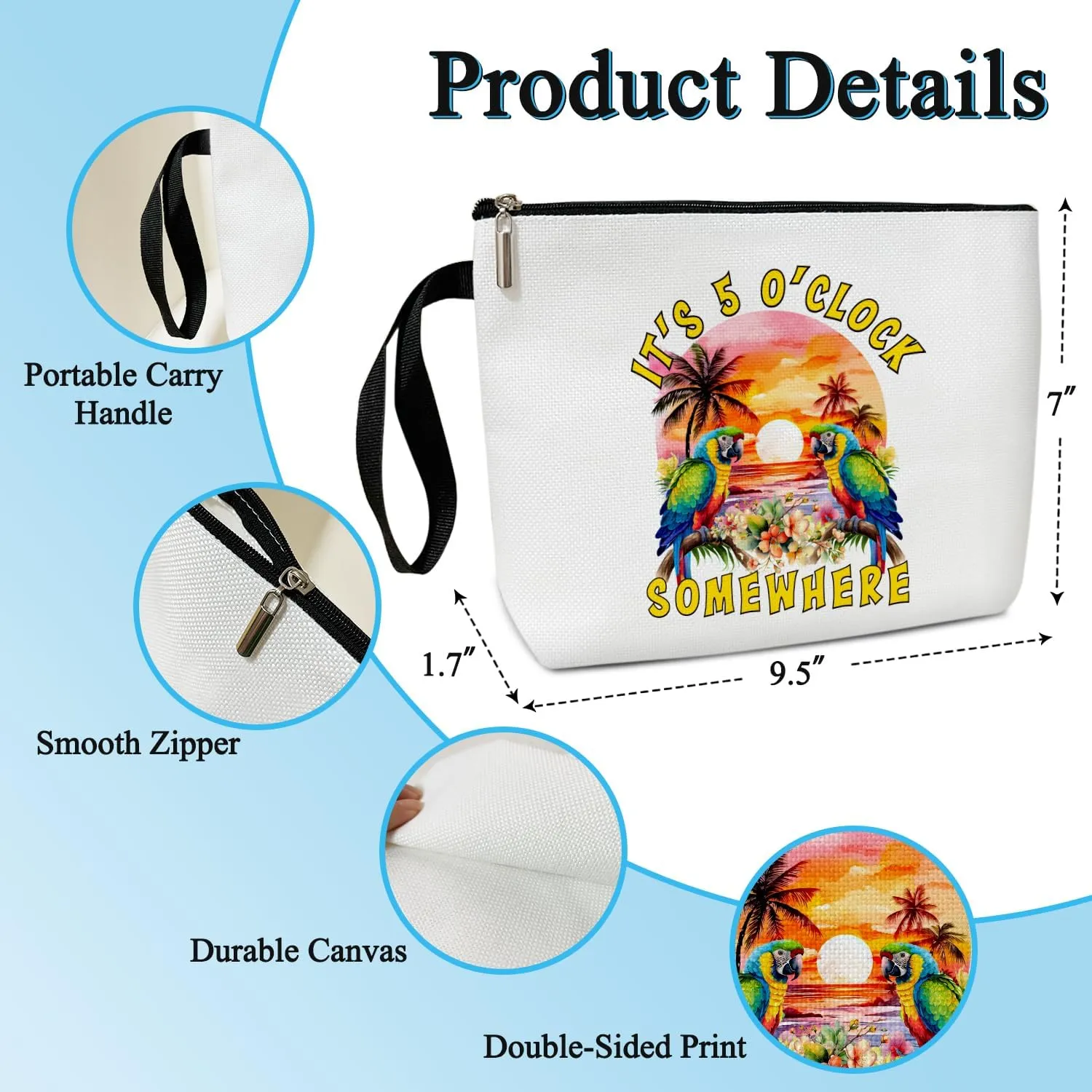 Hawaii Tropical Beach Makeup Bag for Women, Parrot Make Up Bag Zipper Cosmetic Travel Toiletry Pouch, Summer Vacation Travel Holiday Gifts Beach Gifts for Women Mom Sister Bestie Organizer Purse -10