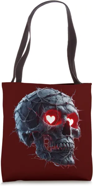 Heart-Eyed Skull Wrapped in Thorns, Dark Romance Gothic Art Tote Bag