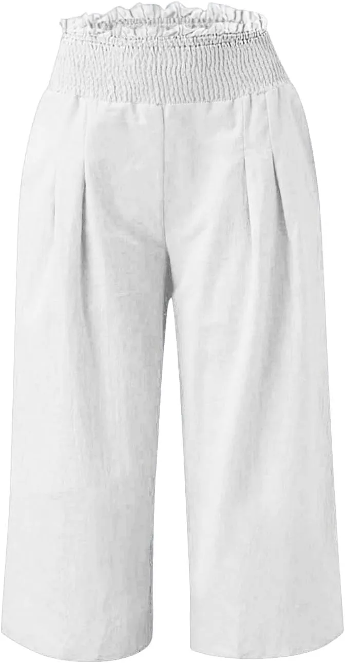 High Waisted Palazzo Pants for Women Wide Leg Linen Capri Pant Casual Summer Beach Cropped Trousers with Pockets