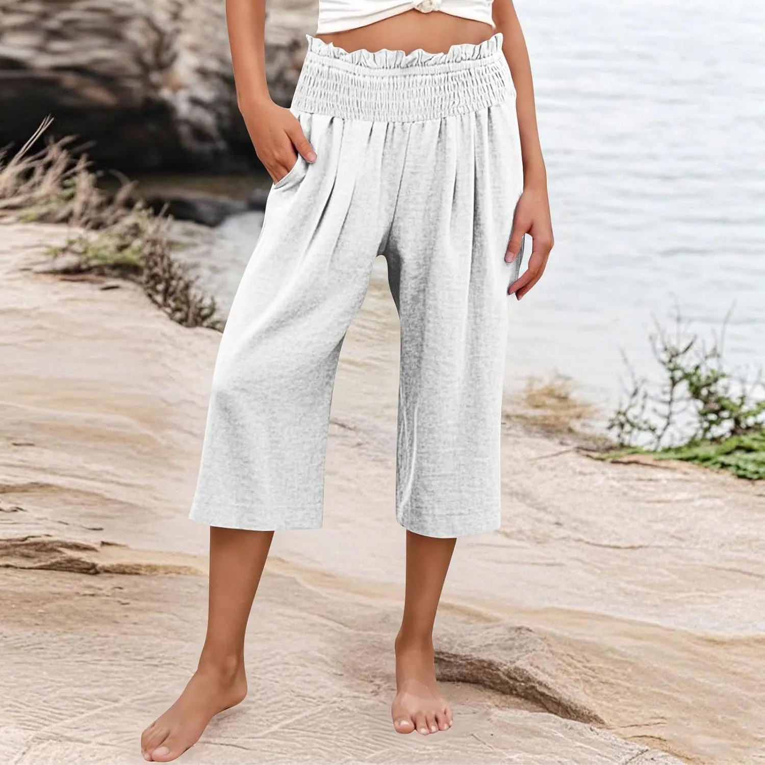 High Waisted Palazzo Pants for Women Wide Leg Linen Capri Pant Casual Summer Beach Cropped Trousers with Pockets