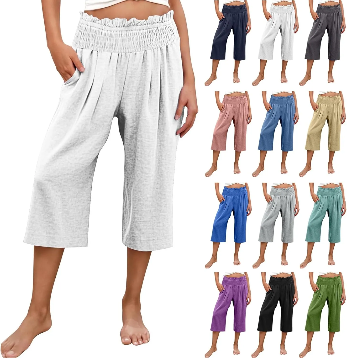 High Waisted Palazzo Pants for Women Wide Leg Linen Capri Pant Casual Summer Beach Cropped Trousers with Pockets