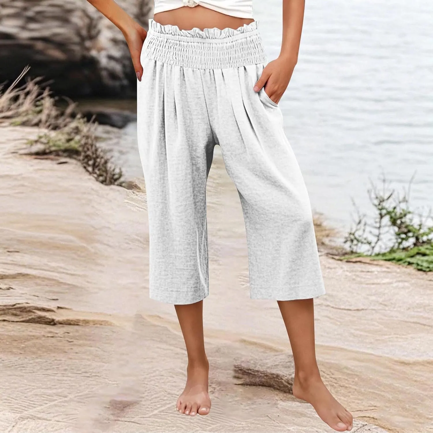 High Waisted Palazzo Pants for Women Wide Leg Linen Capri Pant Casual Summer Beach Cropped Trousers with Pockets