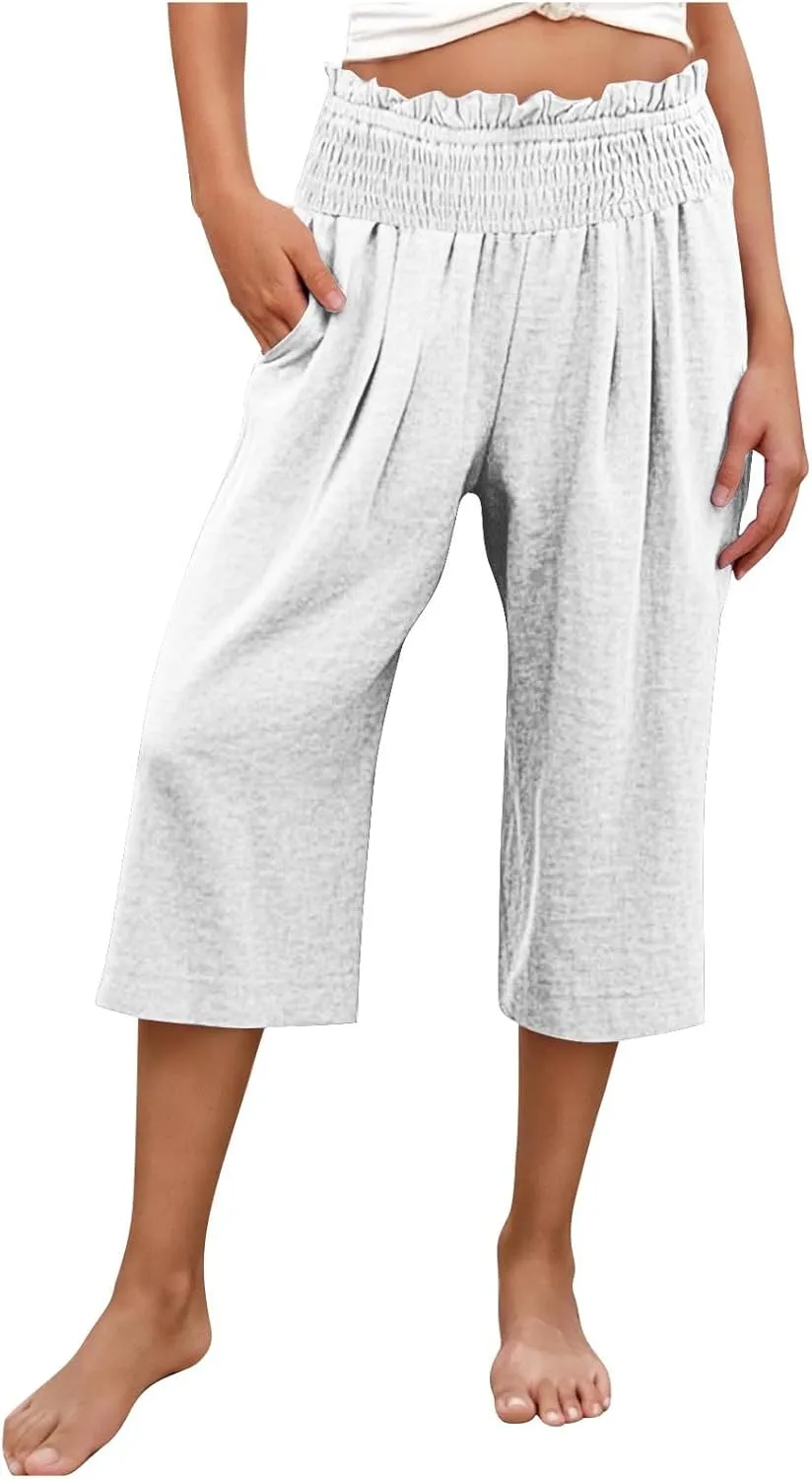 High Waisted Palazzo Pants for Women Wide Leg Linen Capri Pant Casual Summer Beach Cropped Trousers with Pockets