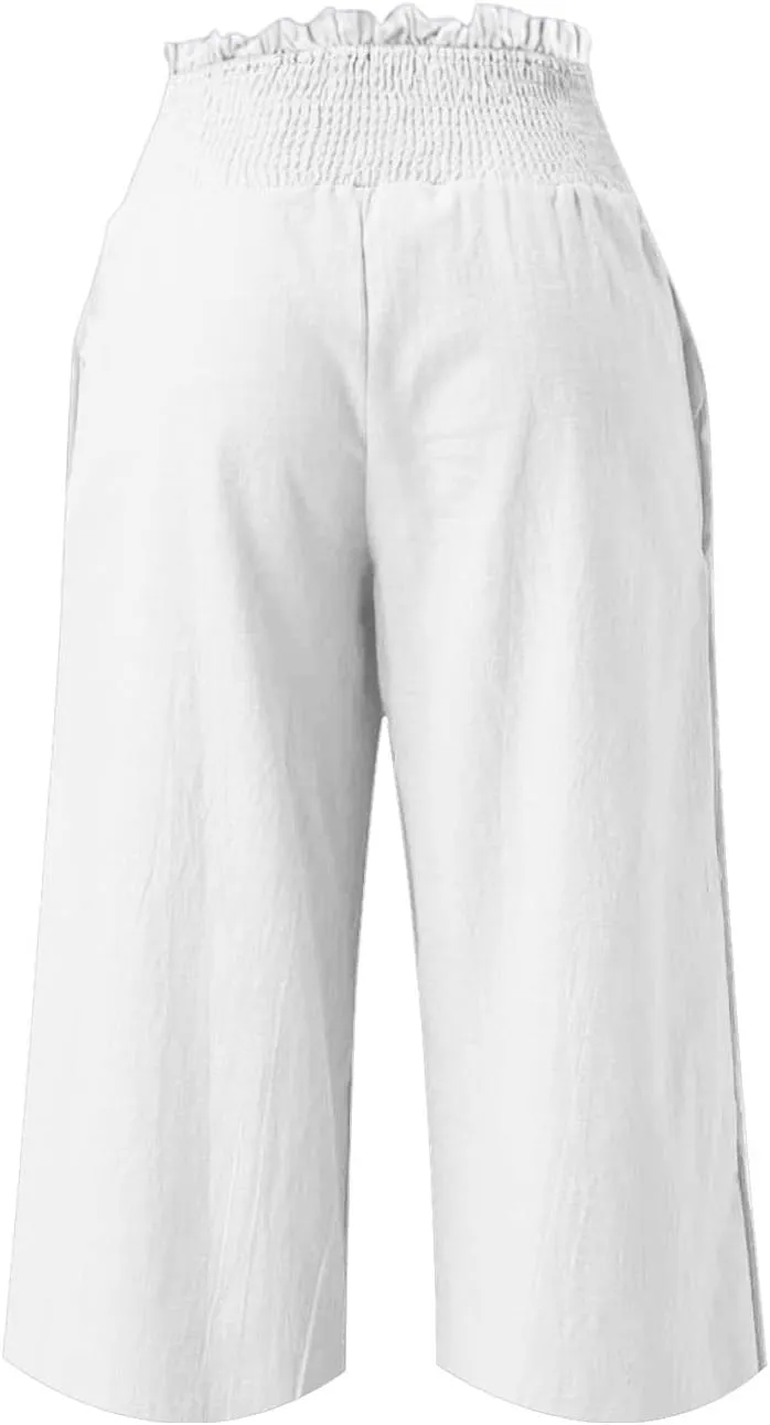 High Waisted Palazzo Pants for Women Wide Leg Linen Capri Pant Casual Summer Beach Cropped Trousers with Pockets