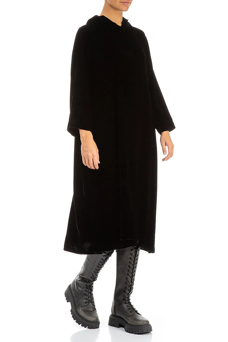 Hooded Black Silk Velvet Dress