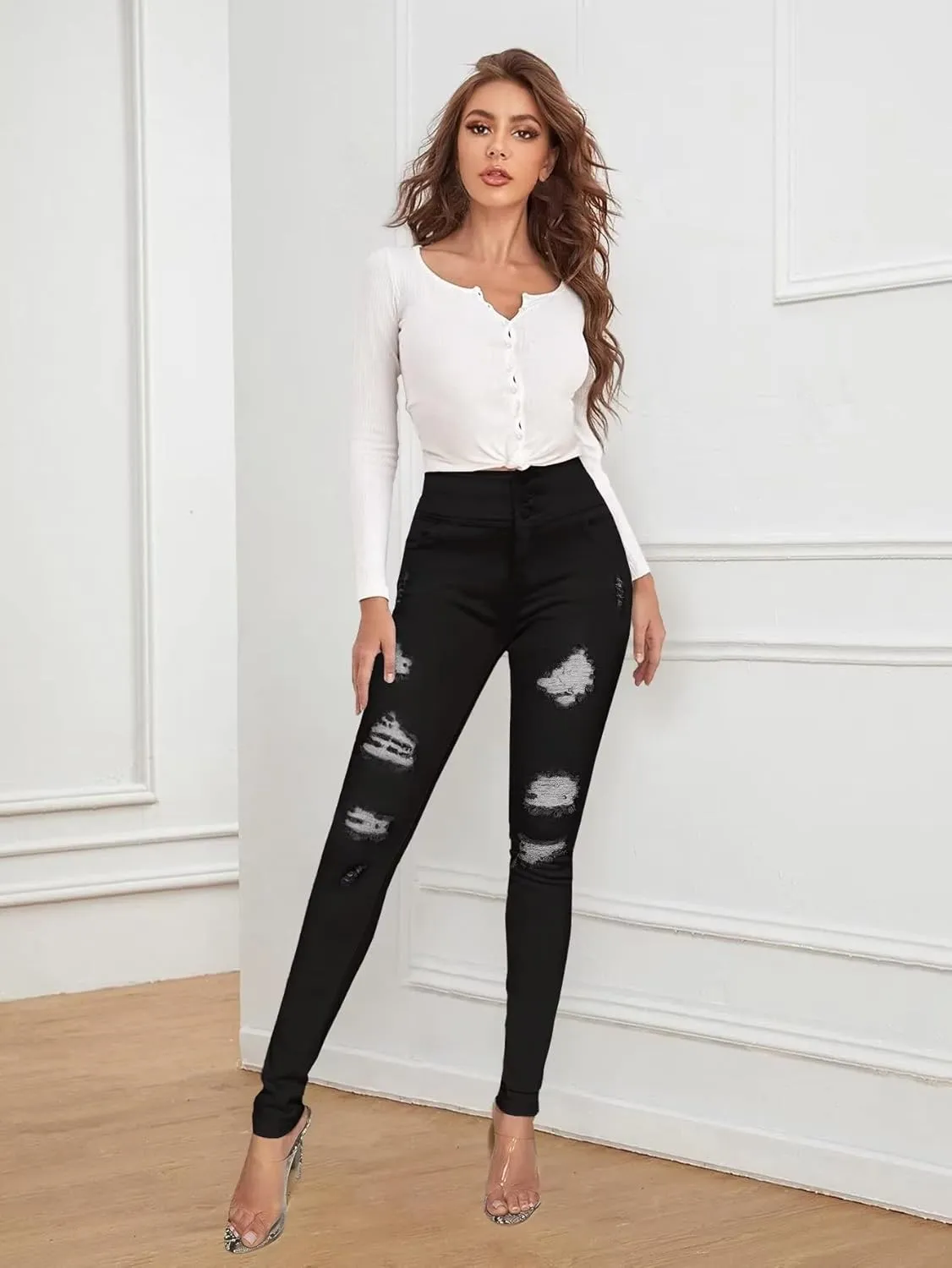 Hybrid & Company Women Fashion Destructed Skinny Jeans High Waist Stretch Denim Pants