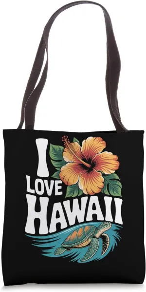I Love Hawaii Hibiscus Turtle Wave Tote Bag
