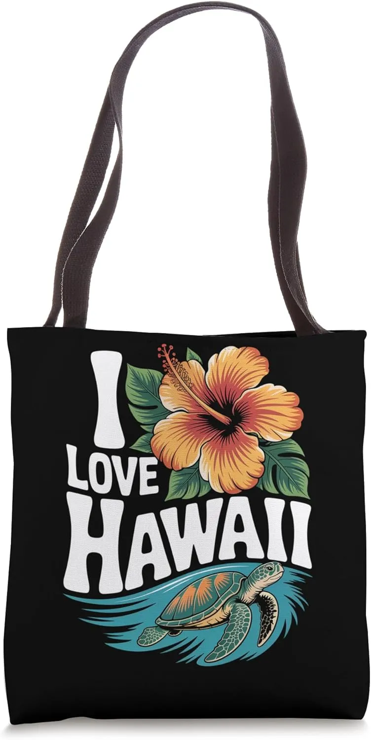 I Love Hawaii Hibiscus Turtle Wave Tote Bag