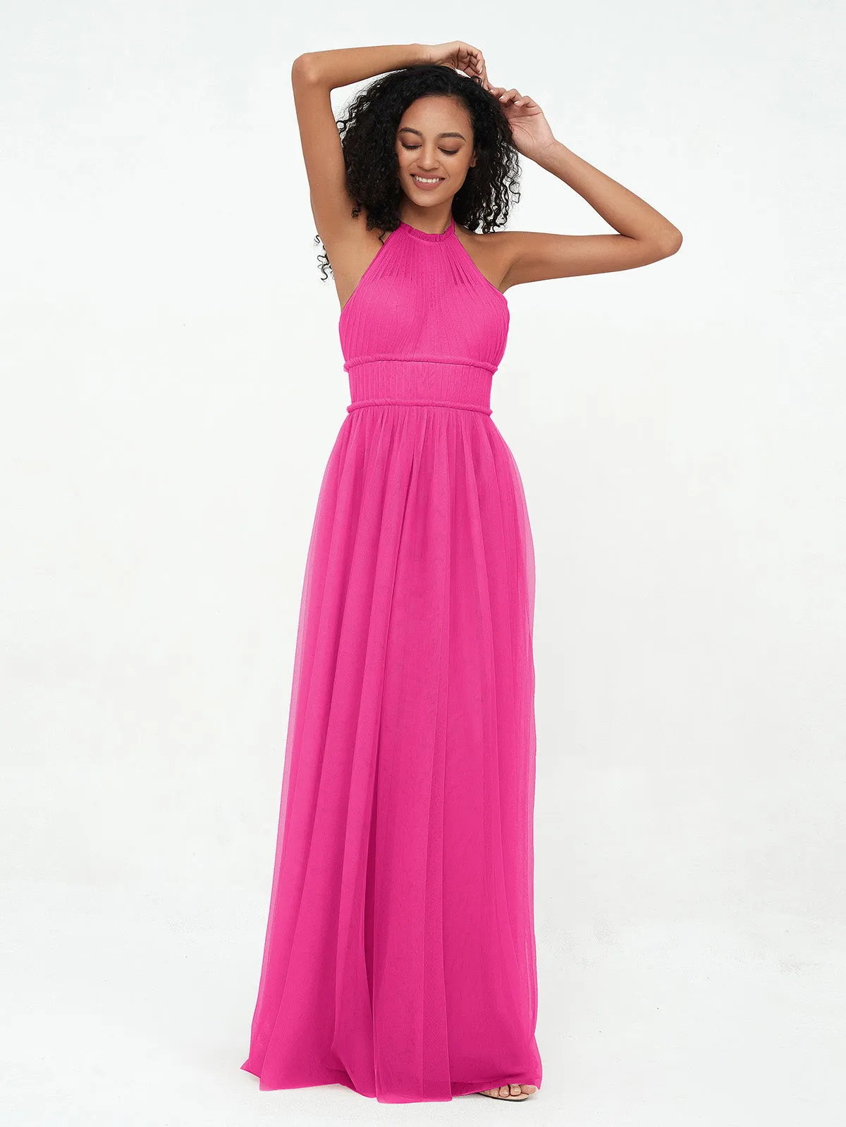 Illusion Halter Tulle Maxi Boho Dresses-Fuchsia Plus Size
