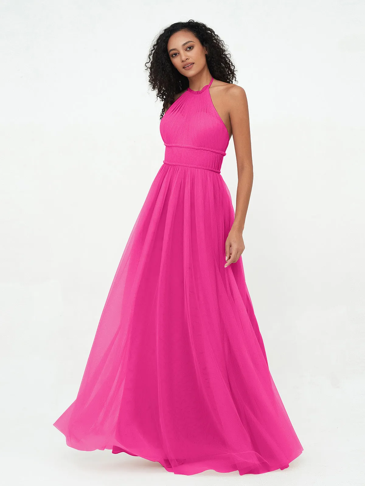 Illusion Halter Tulle Maxi Boho Dresses-Fuchsia Plus Size