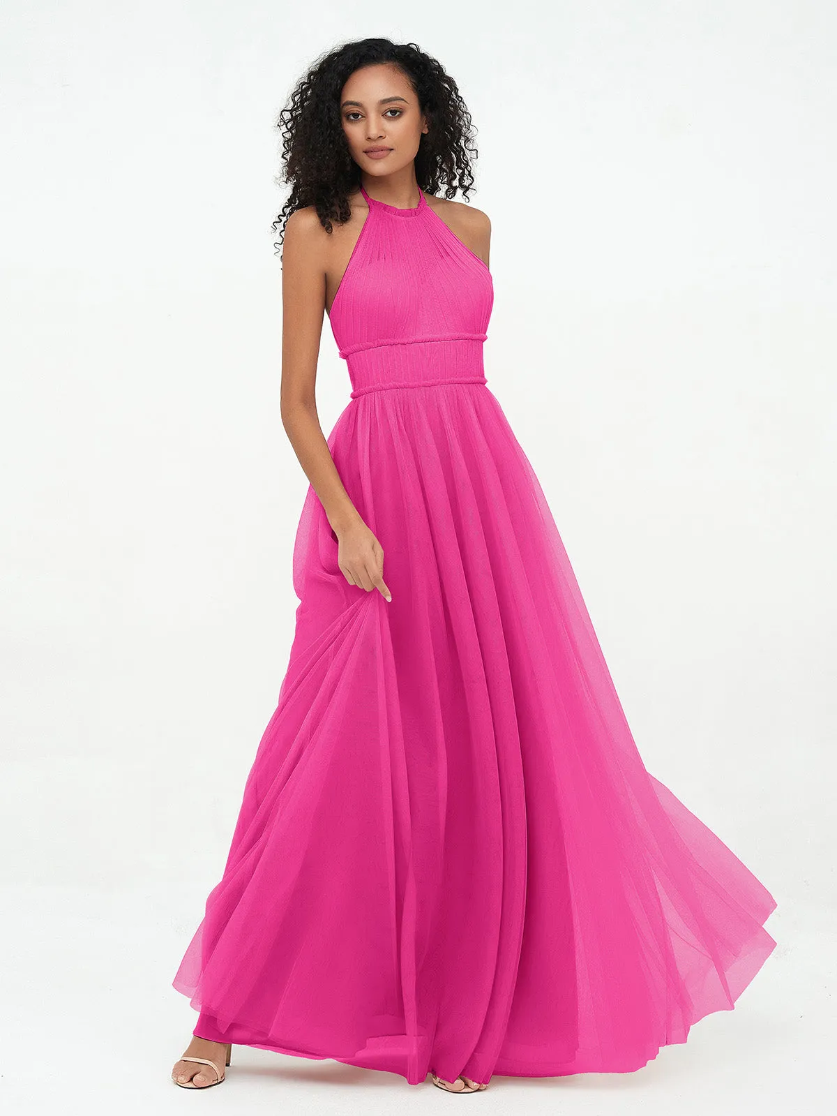 Illusion Halter Tulle Maxi Boho Dresses-Fuchsia Plus Size