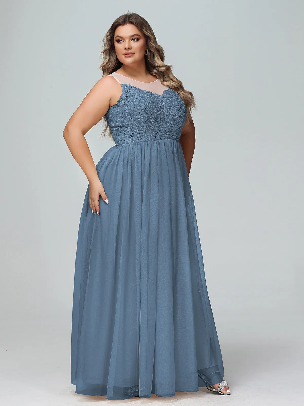Illusion Neckline Lace and Tulle Maxi Dress-Slate Blue Plus Size
