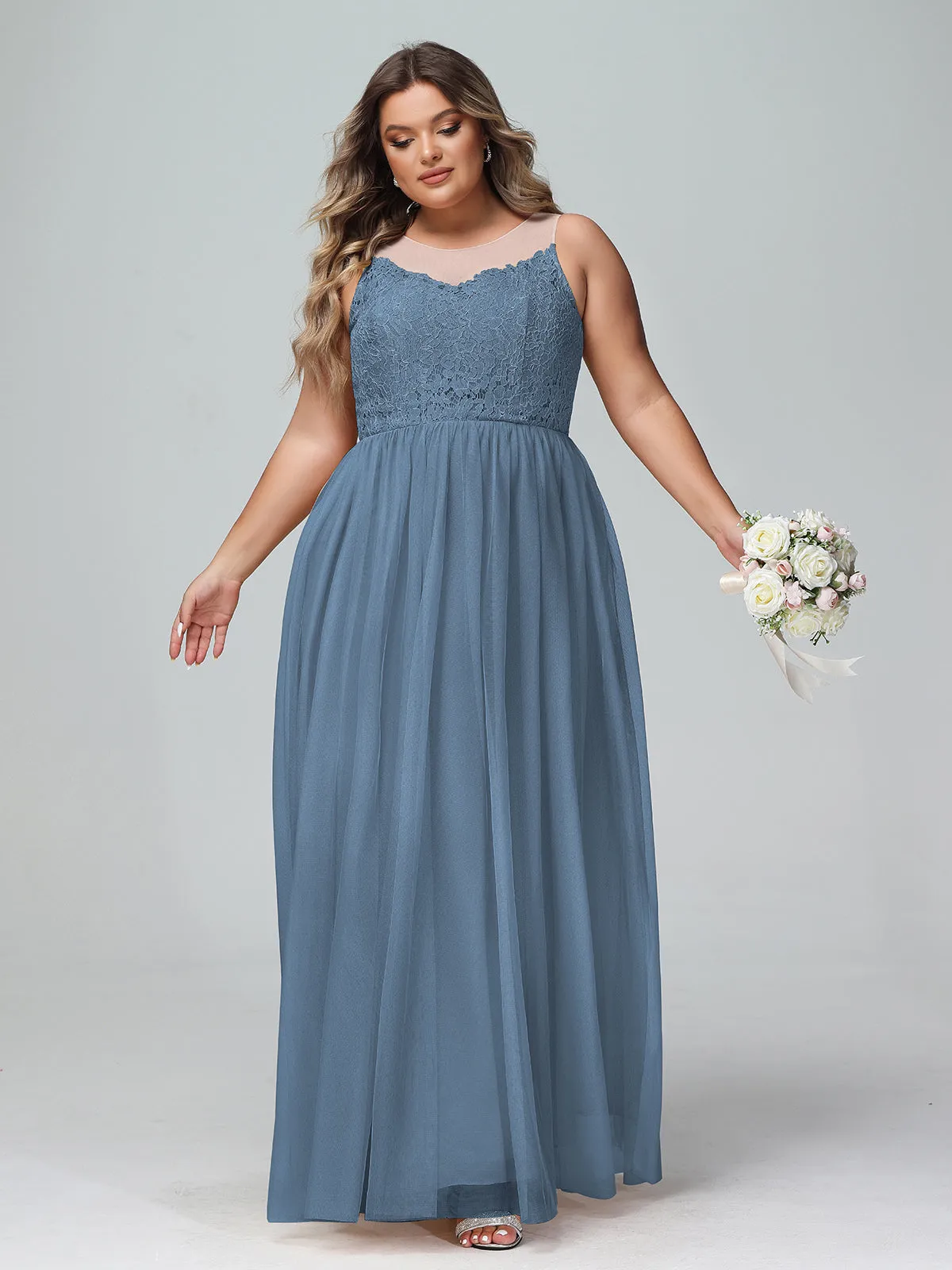 Illusion Neckline Lace and Tulle Maxi Dress-Slate Blue Plus Size