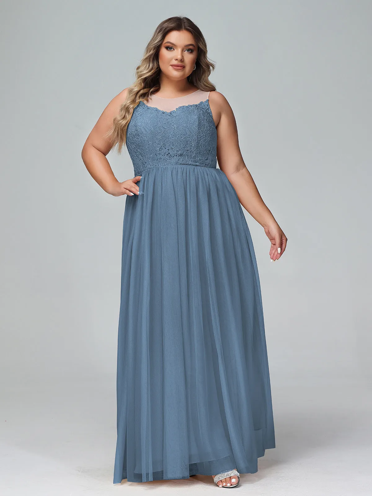 Illusion Neckline Lace and Tulle Maxi Dress-Slate Blue Plus Size