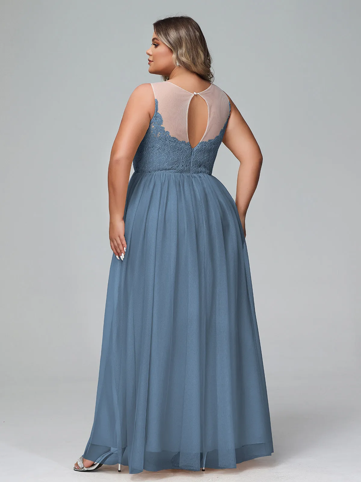 Illusion Neckline Lace and Tulle Maxi Dress-Slate Blue Plus Size