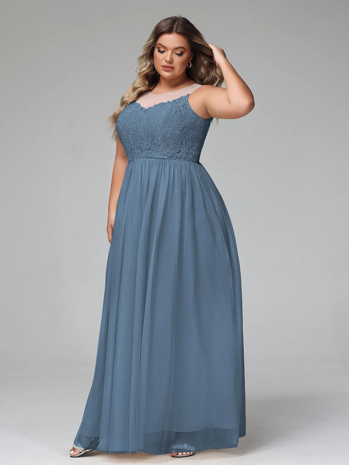 Illusion Neckline Lace and Tulle Maxi Dress-Slate Blue Plus Size