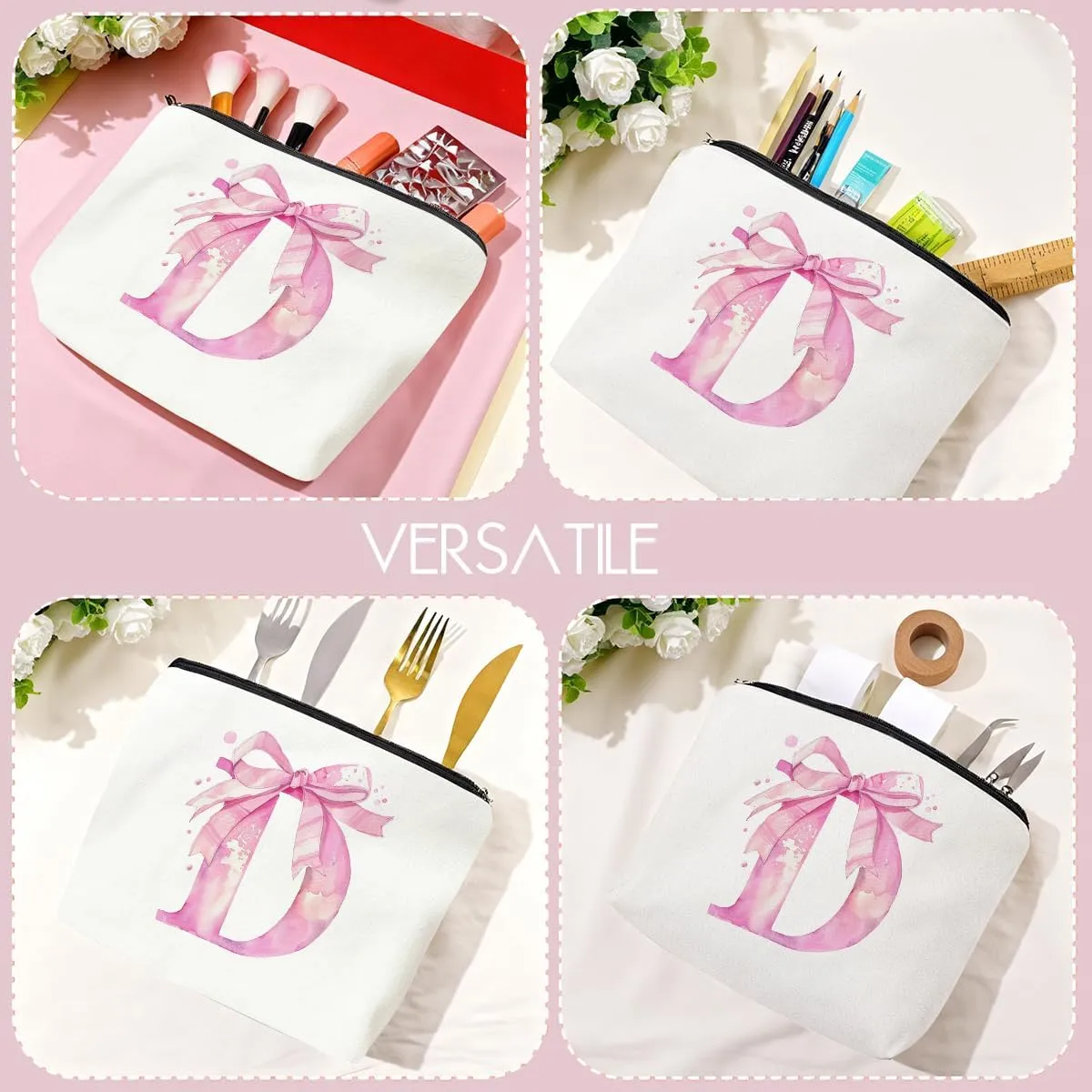 Initial Makeup Bag, Monogram Bow Travel Toiletry Bag, Make Up Bag, Personalized Preppy Cosmetic Bag, Toiletry Bag Makeup Pouch Bag for Purse, Birthday Gifts for Women (Pink,D)