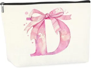 Initial Makeup Bag, Monogram Bow Travel Toiletry Bag, Make Up Bag, Personalized Preppy Cosmetic Bag, Toiletry Bag Makeup Pouch Bag for Purse, Birthday Gifts for Women (Pink,D)