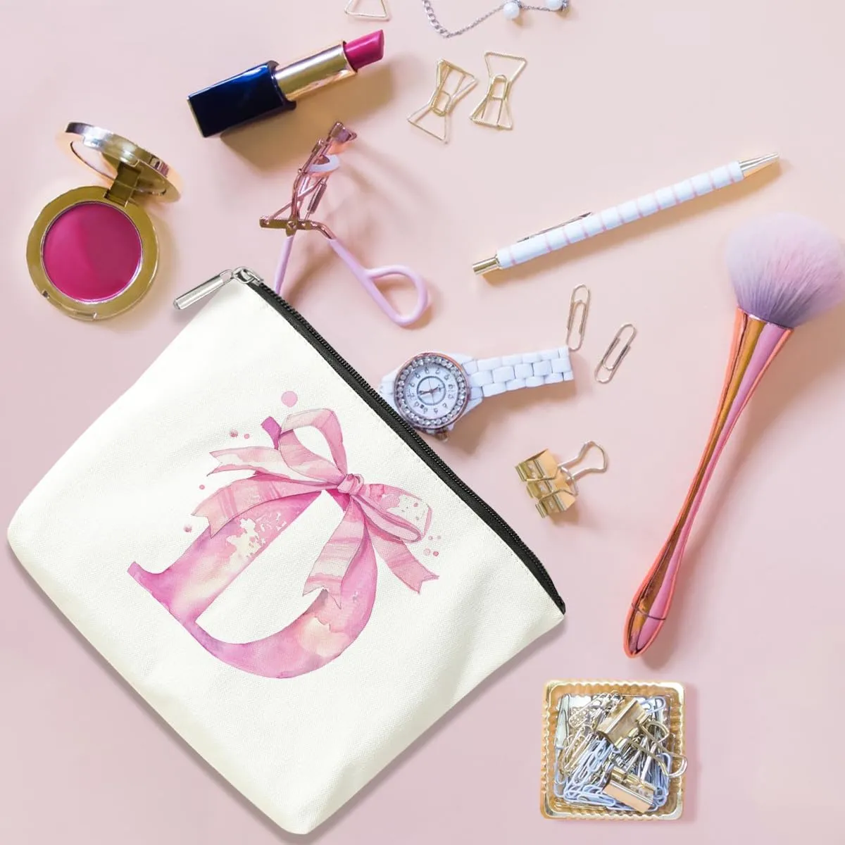 Initial Makeup Bag, Monogram Bow Travel Toiletry Bag, Make Up Bag, Personalized Preppy Cosmetic Bag, Toiletry Bag Makeup Pouch Bag for Purse, Birthday Gifts for Women (Pink,D)
