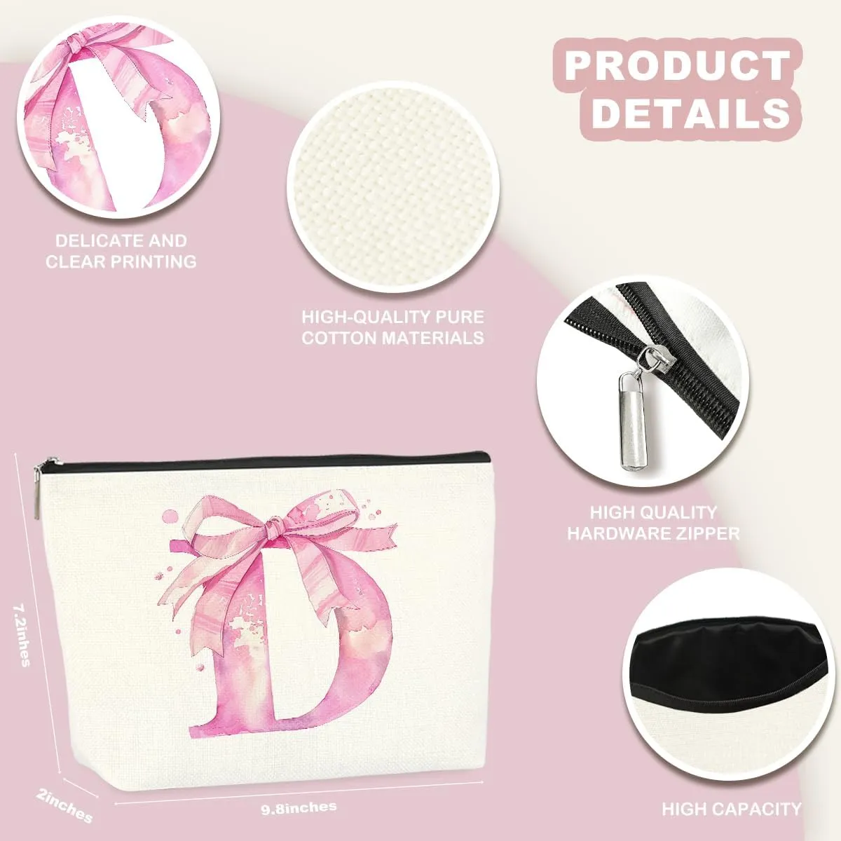 Initial Makeup Bag, Monogram Bow Travel Toiletry Bag, Make Up Bag, Personalized Preppy Cosmetic Bag, Toiletry Bag Makeup Pouch Bag for Purse, Birthday Gifts for Women (Pink,D)