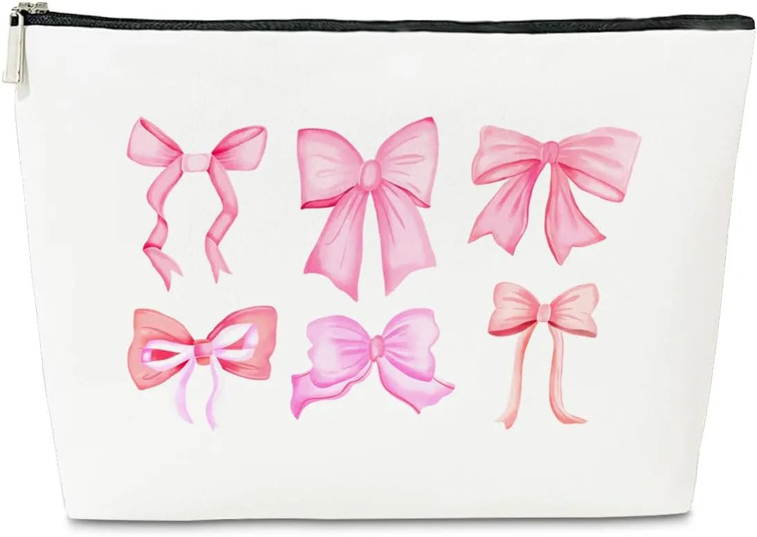 JioJio Chan Pink Bow Coquette Makeup Bag, Funky Pouch Gift for Teen Girls Women, Trendy Preppy PU Leather Cosmetic Bag, Cute Preppy Stuff, Birthday Gifts for Sister, Teen, Daughter, Bff, Friend