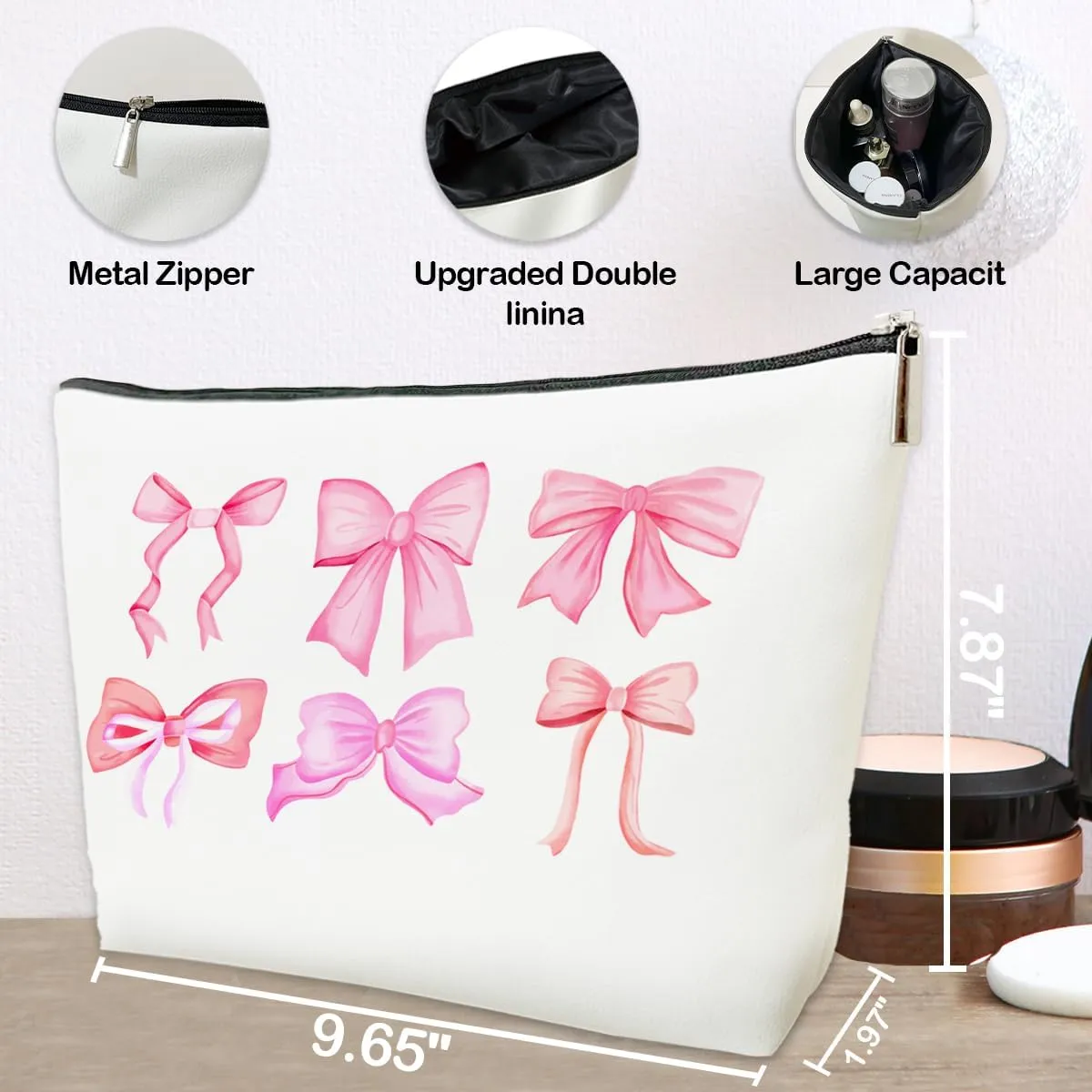 JioJio Chan Pink Bow Coquette Makeup Bag, Funky Pouch Gift for Teen Girls Women, Trendy Preppy PU Leather Cosmetic Bag, Cute Preppy Stuff, Birthday Gifts for Sister, Teen, Daughter, Bff, Friend