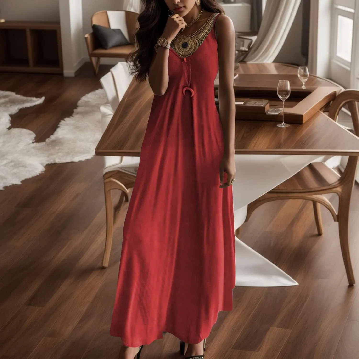 JiXiang Beach Dresses for Women 2025 Vacation Boho Long Summer Casual Sun Dress Spaghetti Strap Flowy Embroidered Maxi Dress