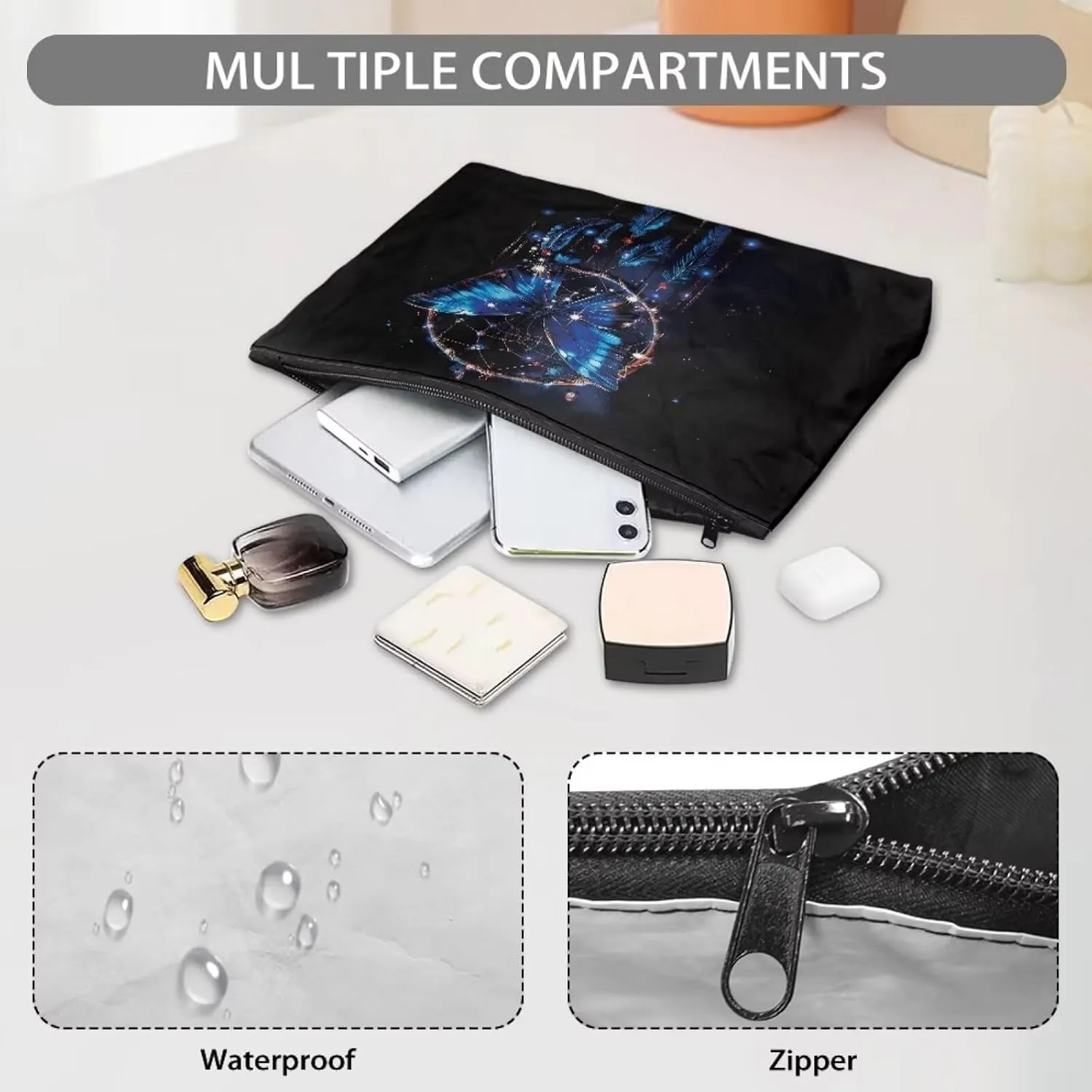 JoyLamoria Printed Dupont Paper Bag Travel Small Handbag Purse Zipper Pocket Large Capacity Toiletry Pouch Storage, Dream Catcher Butterfly