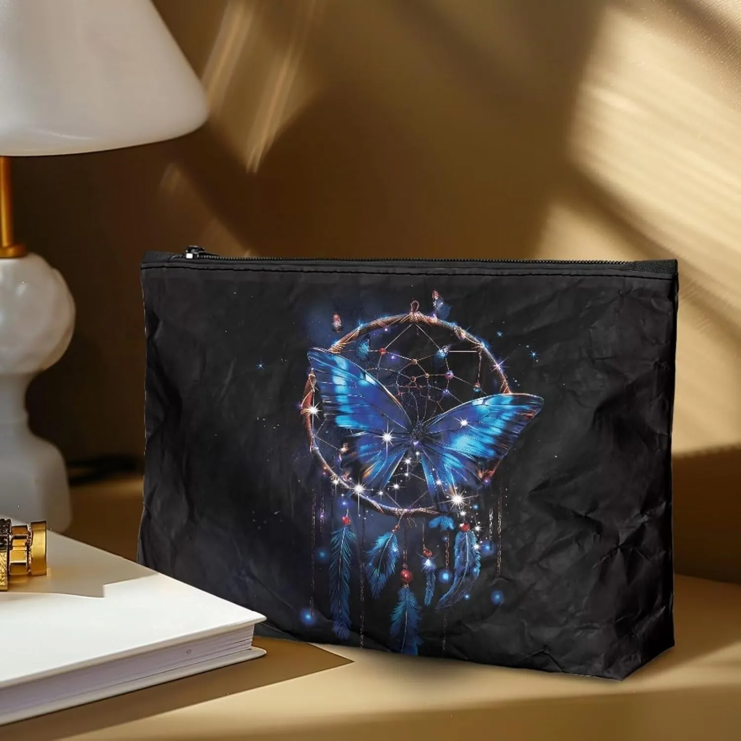 JoyLamoria Printed Dupont Paper Bag Travel Small Handbag Purse Zipper Pocket Large Capacity Toiletry Pouch Storage, Dream Catcher Butterfly