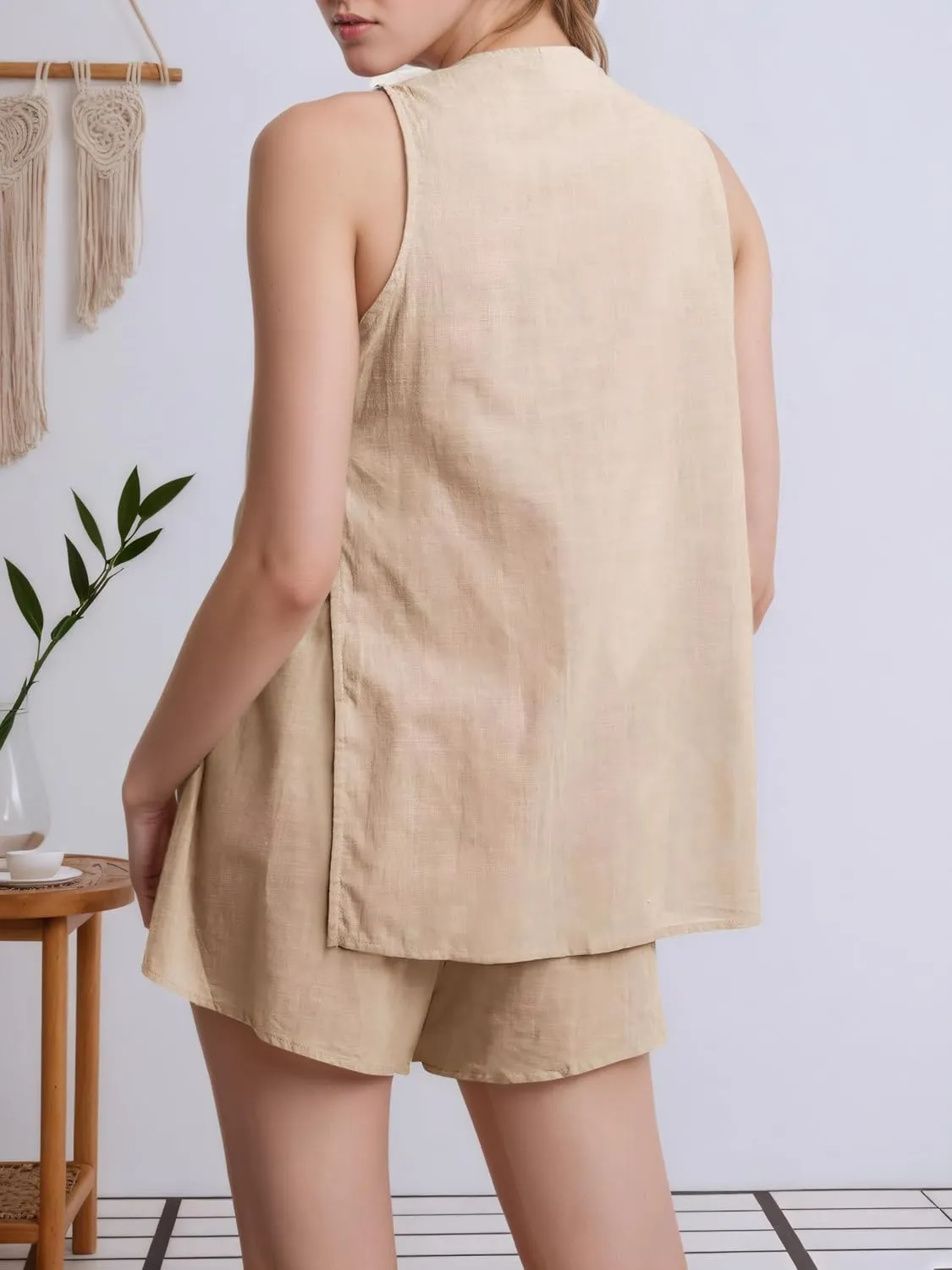 Kedera Women's Summer 2 Piece Outfits Sleeveless Matching Sets Button Down V Neck Vest Waistcoat and Pockets Shorts