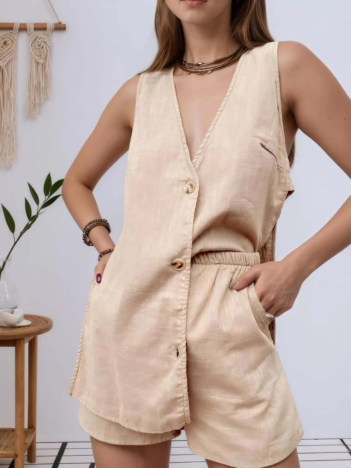 Kedera Women's Summer 2 Piece Outfits Sleeveless Matching Sets Button Down V Neck Vest Waistcoat and Pockets Shorts