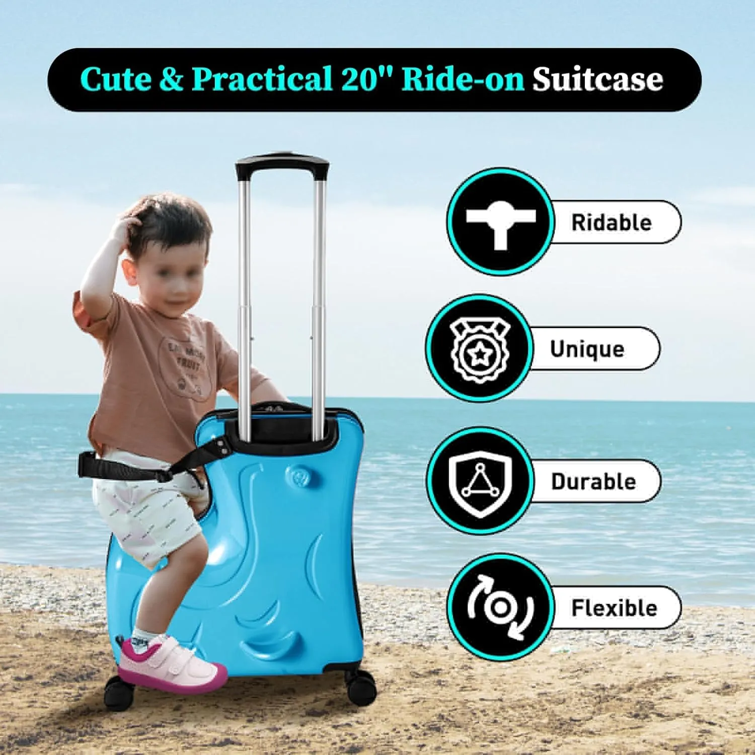 Kids Luggage, 20" Hardshell Rolling Travel Trolley, Ride-on Travel Suitcase with Double Spinner Wheels, Carry On Trolley Luggage with Password Lock, Suitable for Travel and Outdoor Activities (Blue)
