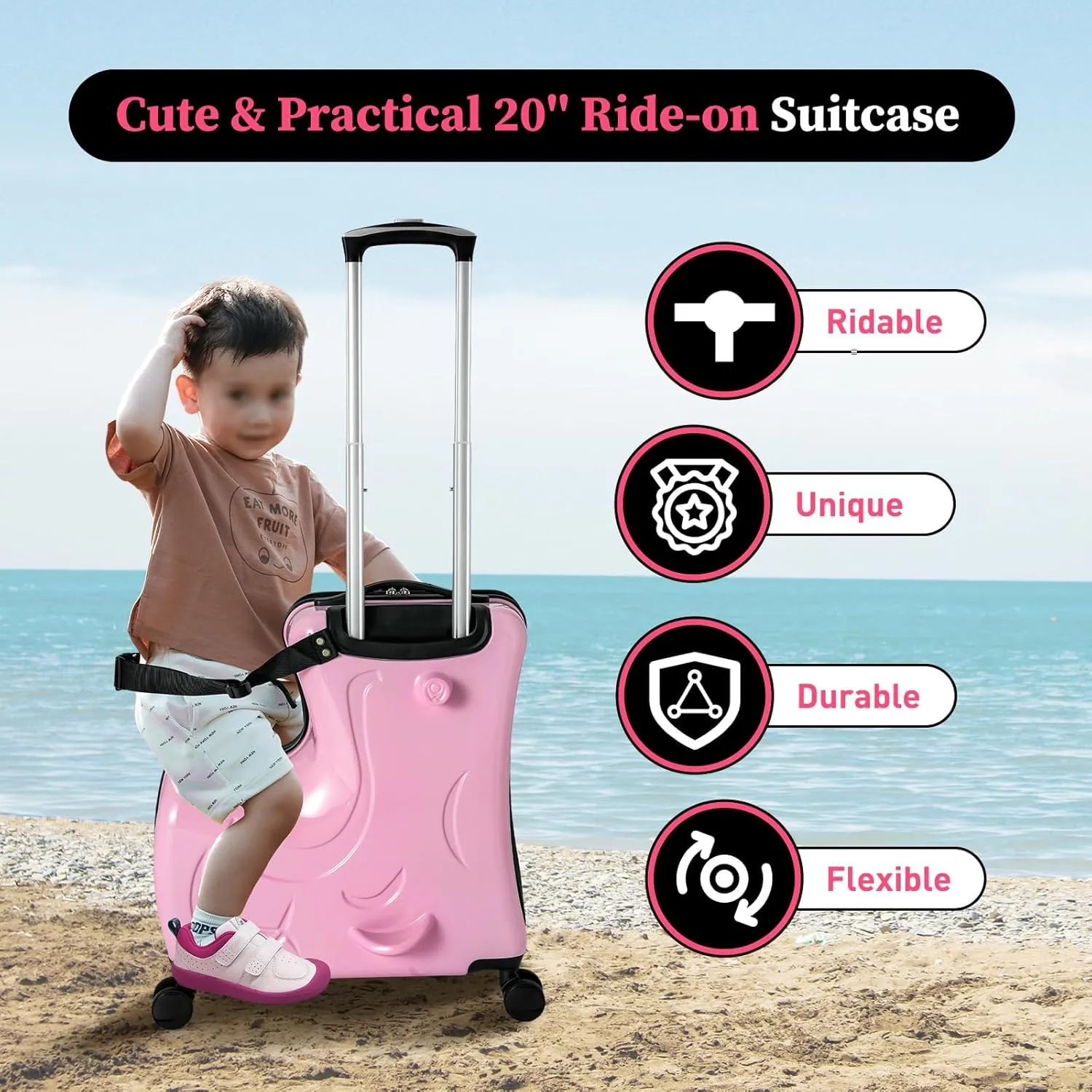 Kids Luggage, 20" Hardshell Rolling Travel Trolley, Ride-on Travel Suitcase with Double Spinner Wheels, Carry On Trolley Luggage with Password Lock, Suitable for Travel and Outdoor Activities (Pink)