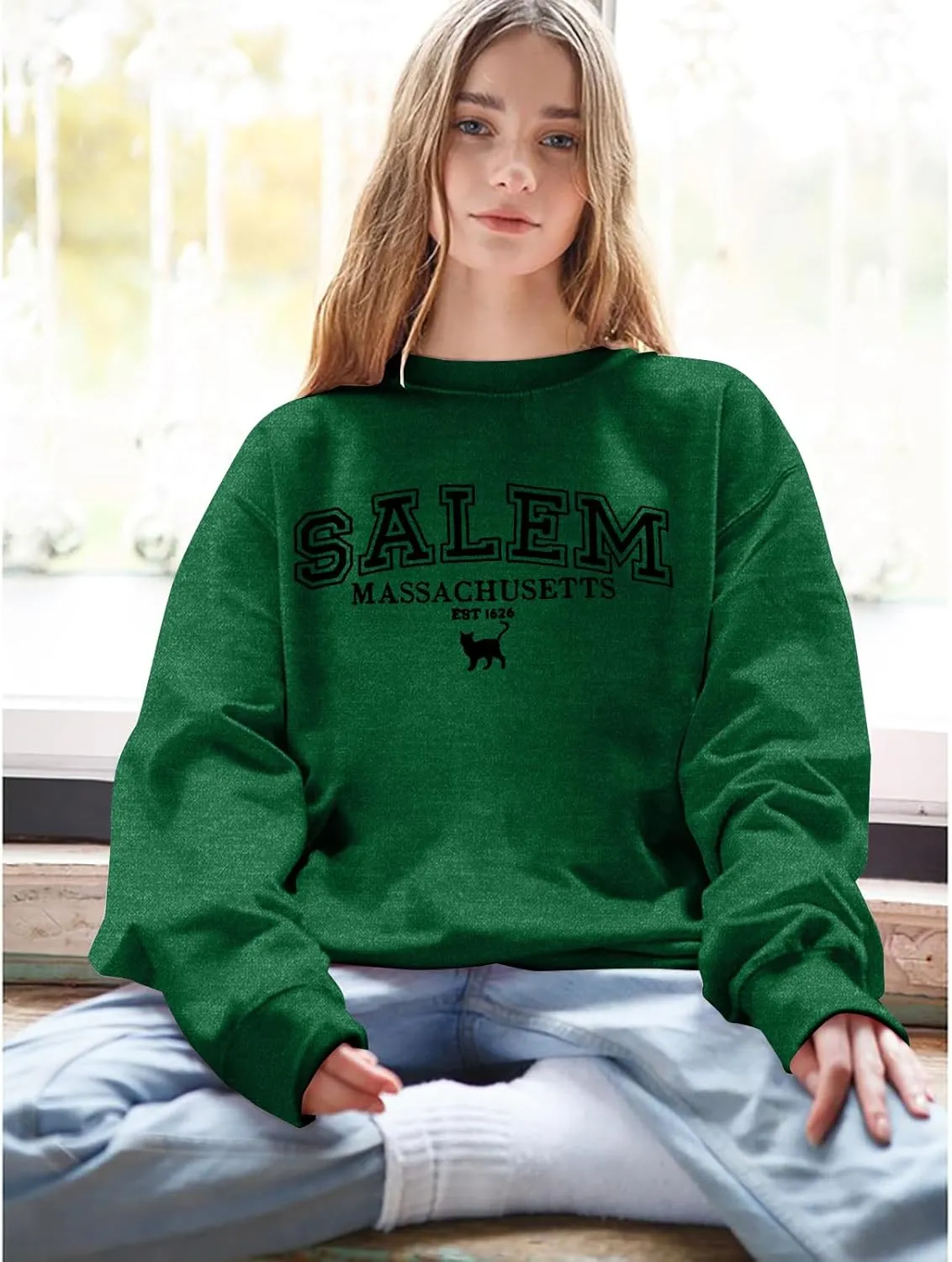 KIMSOONG Halloween Sweatshirts for Women Salem Massachusetts Shirt Fall Oversized Crewneck Sweatshirt Hocus Pocus Pullover